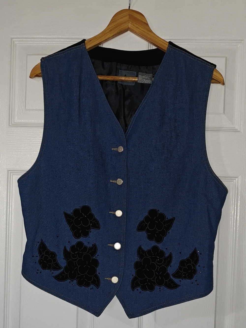 Blue Denim Vest with Black Floral Appliqué